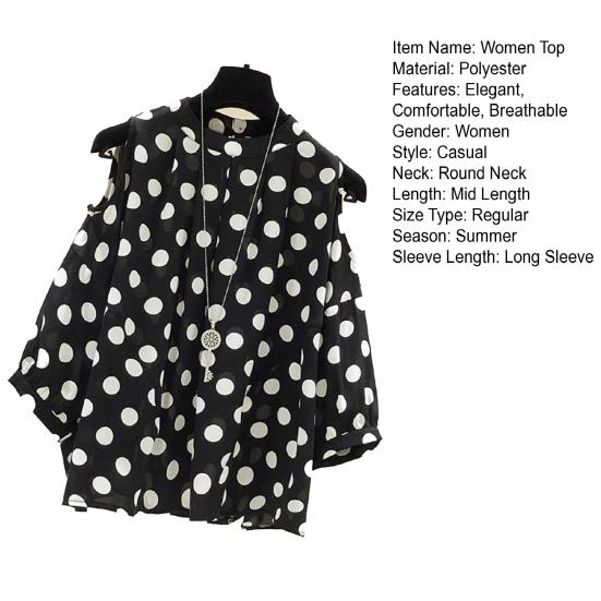 Women Top Round Neck Off Shoulder Long Sleeve Polka Dot Printing Elegant Loose Summer Lady Pullover Shirt Top Daily Wear