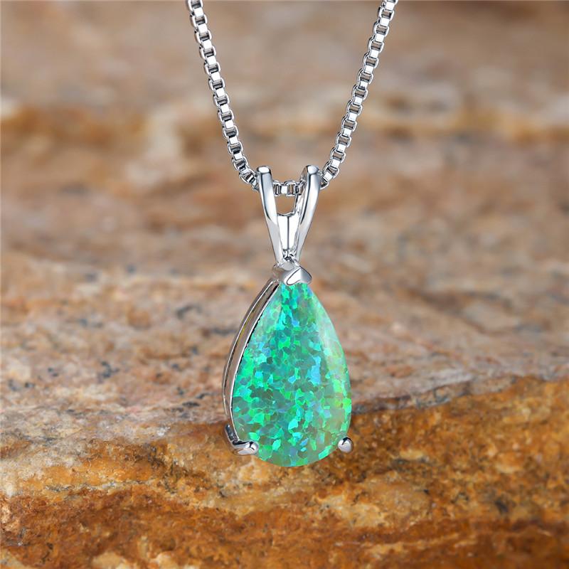 Boho Female Small Blue Green Opal Water Drop Pendant Necklace Silver Color Wedding  For Women