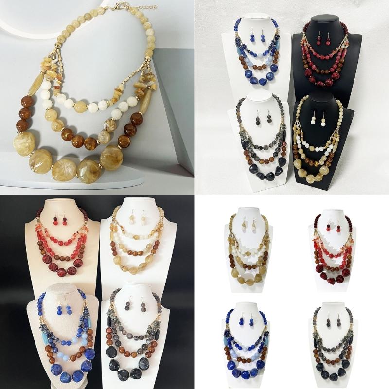 Layering Beaded Collarbone Necklace Set with Matching Earrings Fashionable Multi Strand Acrylic Jewelry For Women
