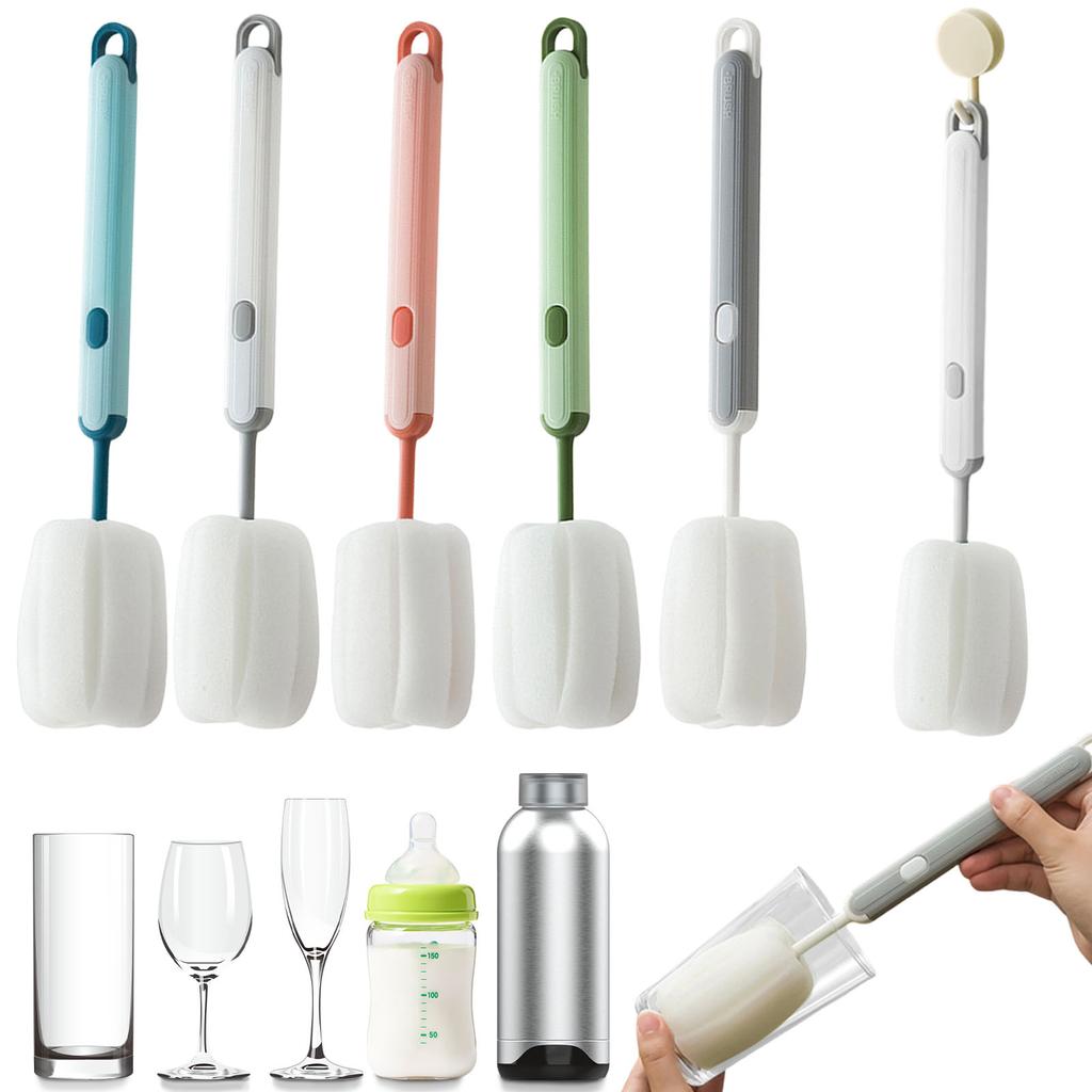 Rotating Sponge Bottle Brush for Cleaning Baby Bottles and Narrow Containers with 360 Degree No Dead Angle Cleaning Function and Soft Durable Bristles