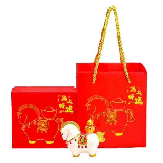 1/4Pcs Cartoon Horse Figurine with Gift Bag Box Bring Good Luck Fortune Chinese Style Pony Statue Home Office Desktop Feng Shui Decoration Ornament