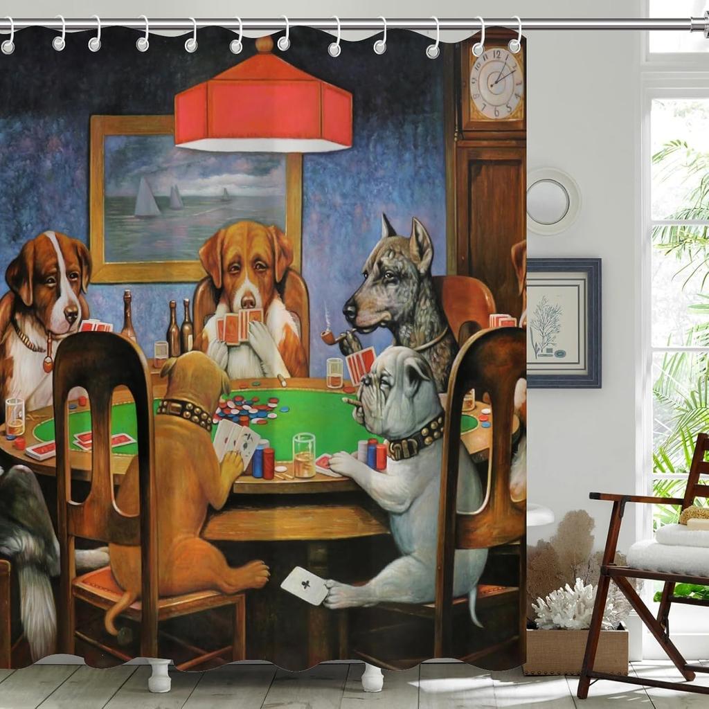 Funny Dogs Playing Poker Shower Curtain,Vintage Dog Art Waterproof Polyester Fabric Bath Curtain,Humorous Bathroom Decor for