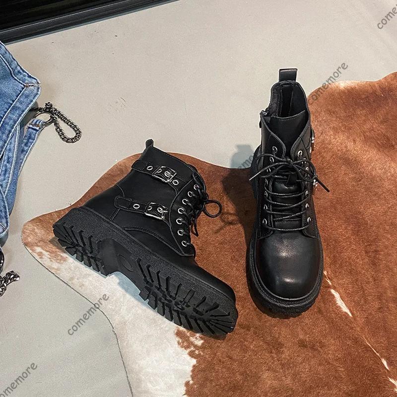 Stivali da Donna Classici Neri Casual in Pelle con Lacci Stivaletti da Caviglia da Donna Stile Punk Stivali da Motociclista da Strada Stivaletti Corti con Plateau