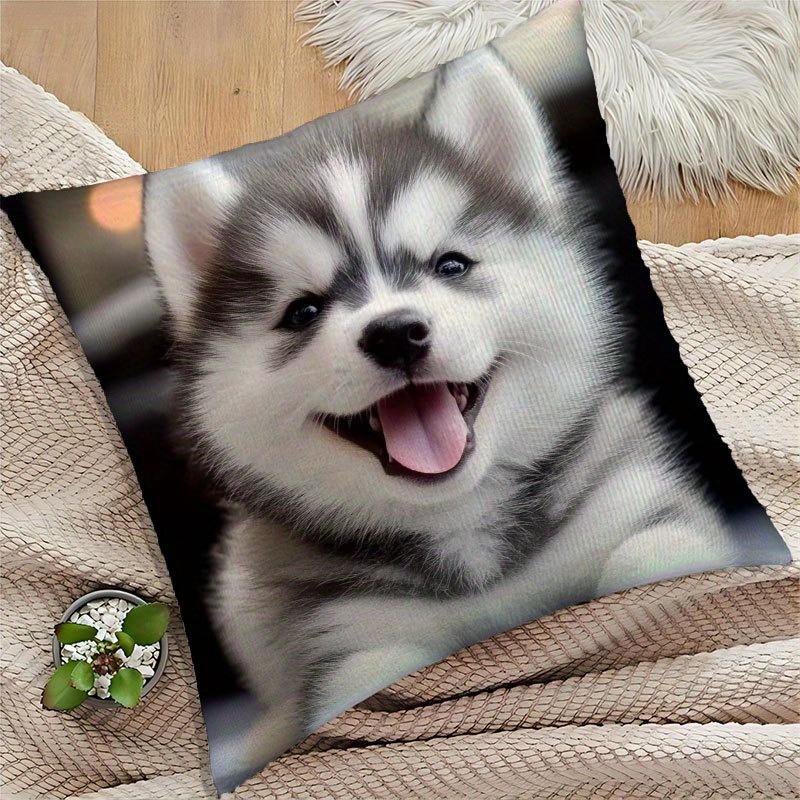 Cute Husky Puppy Print Throw Pillow Cover Realistic Smiling Siberian Husky Themed Cushion Case For Pet Lovers Home Couch Decor
