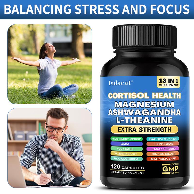 Didacat Cortisol Health Magnesium Ashwagandha L-Theanine Supplement, 120 Capsules