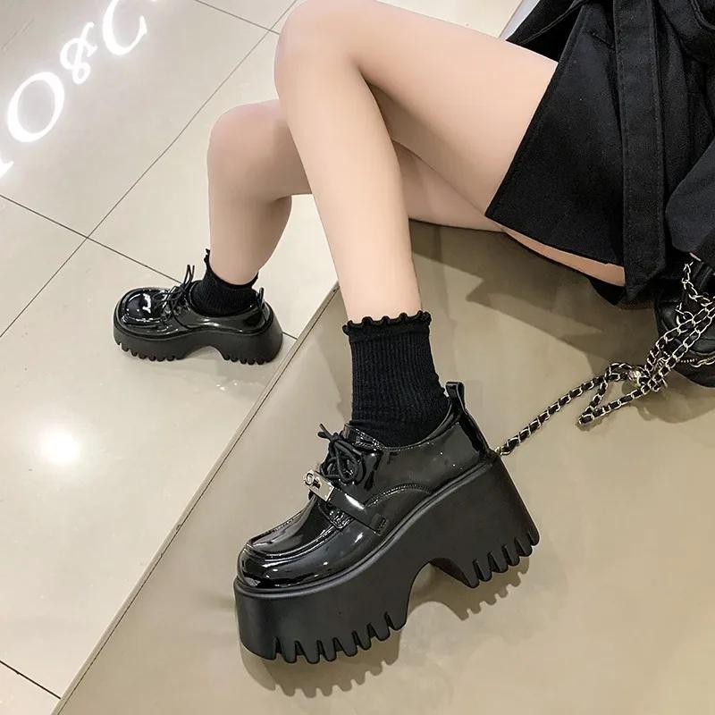 Fashion 8CM Lolita Shoes Women Mary Jane Lace Up Loafers Girls Students Uniform High Heels Platform Office Shoes Cosplay Female Shoes