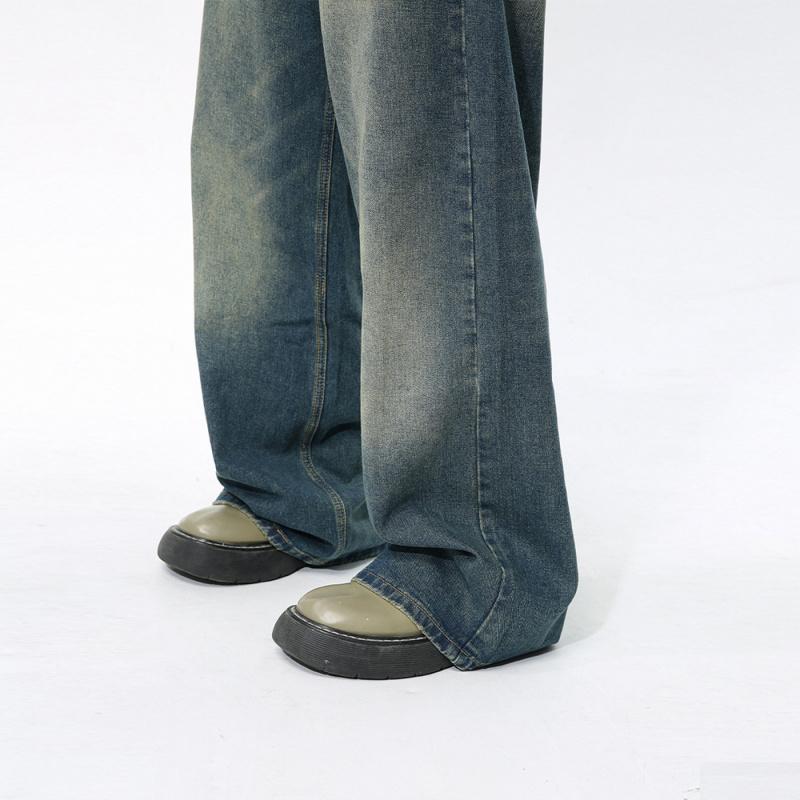 Korean-style distressed vibe design retro blue casual wide-leg straight men's jeans trendy