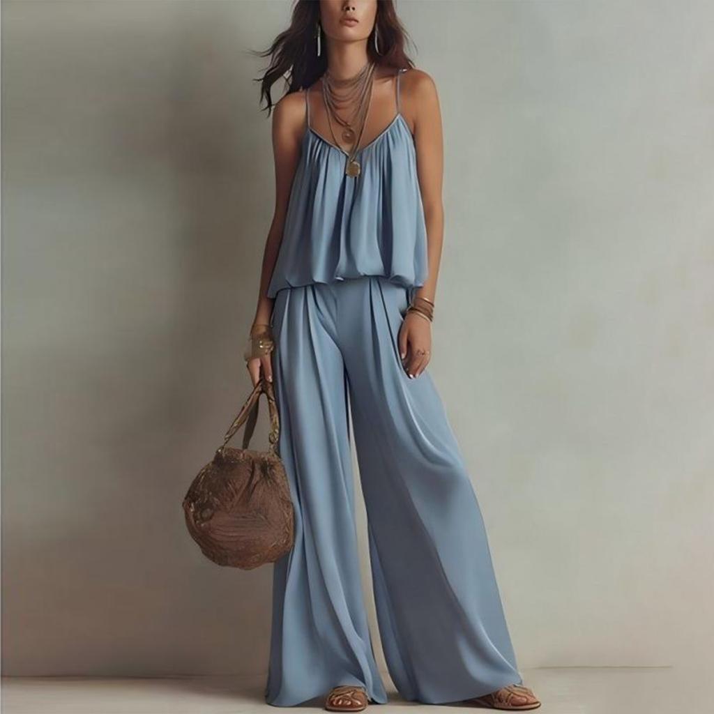 Women Summer Sleeveless V Neck Camisole Top Elastic Waist Wide Leg Pants Two Piece Set Casual Loose Fit