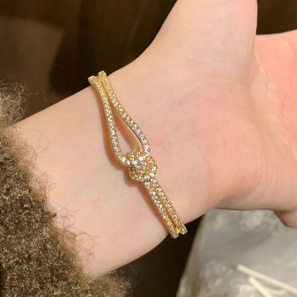 Light Luxury Cuff Bangles Double Layer Rhinestone Bracelet Vintage Cross Wide Open Bangle Gift
