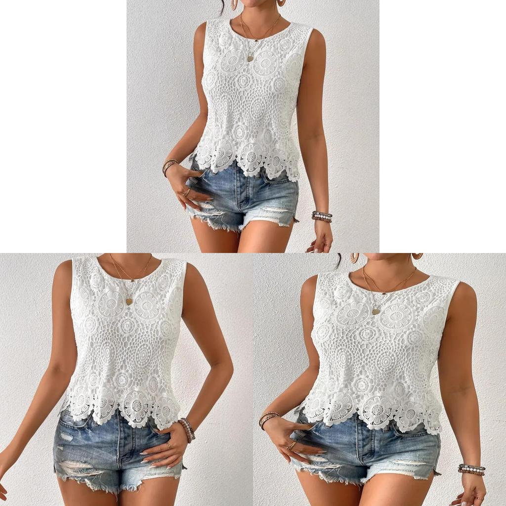 Summer White Cotton Polyester Sleeveless Lace Hollow Tshirt For Casual Wear