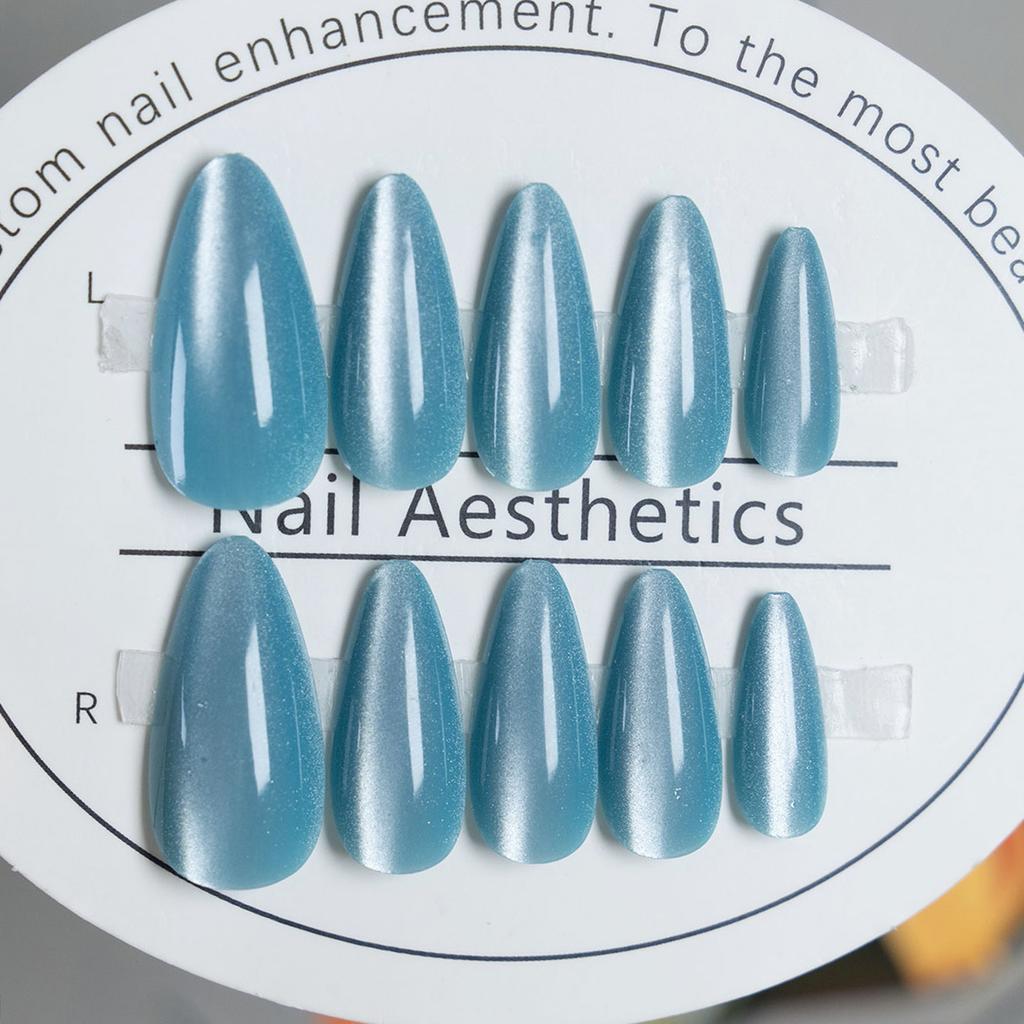 Lake Blue Fake Nails with Cat Eye Durable & Never Splitting Comfort Fake Nails for Shopping Traveling Dating