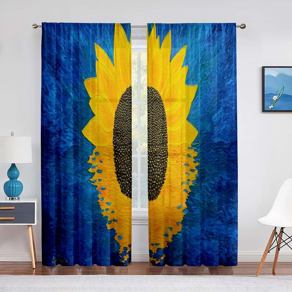Sonnenblume Transparenter Voile Vorhang Ölgemälde Kunst Thema Bedruckte Chiffon Tüll Vorhänge für Wohnzimmer Schlafzimmer Küchendekoration