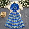 Summer Vintage Printed Oversize Long Maxi Beach Dress for Women's Lantern Sleeve Seaside Holiday Dresses