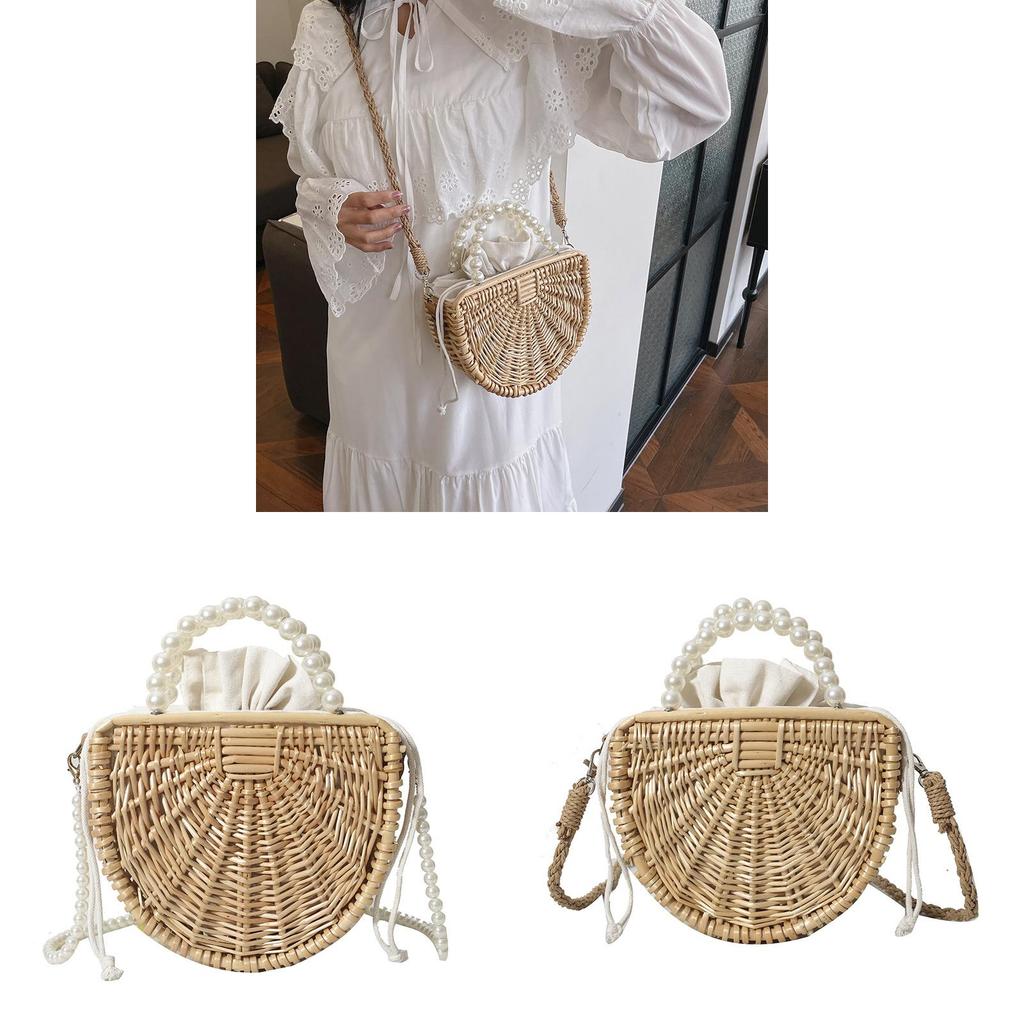 Handcrafted Bamboo Weave Tote Bag With Pearl Shoulder Strap For Beach Travel And Daily Use