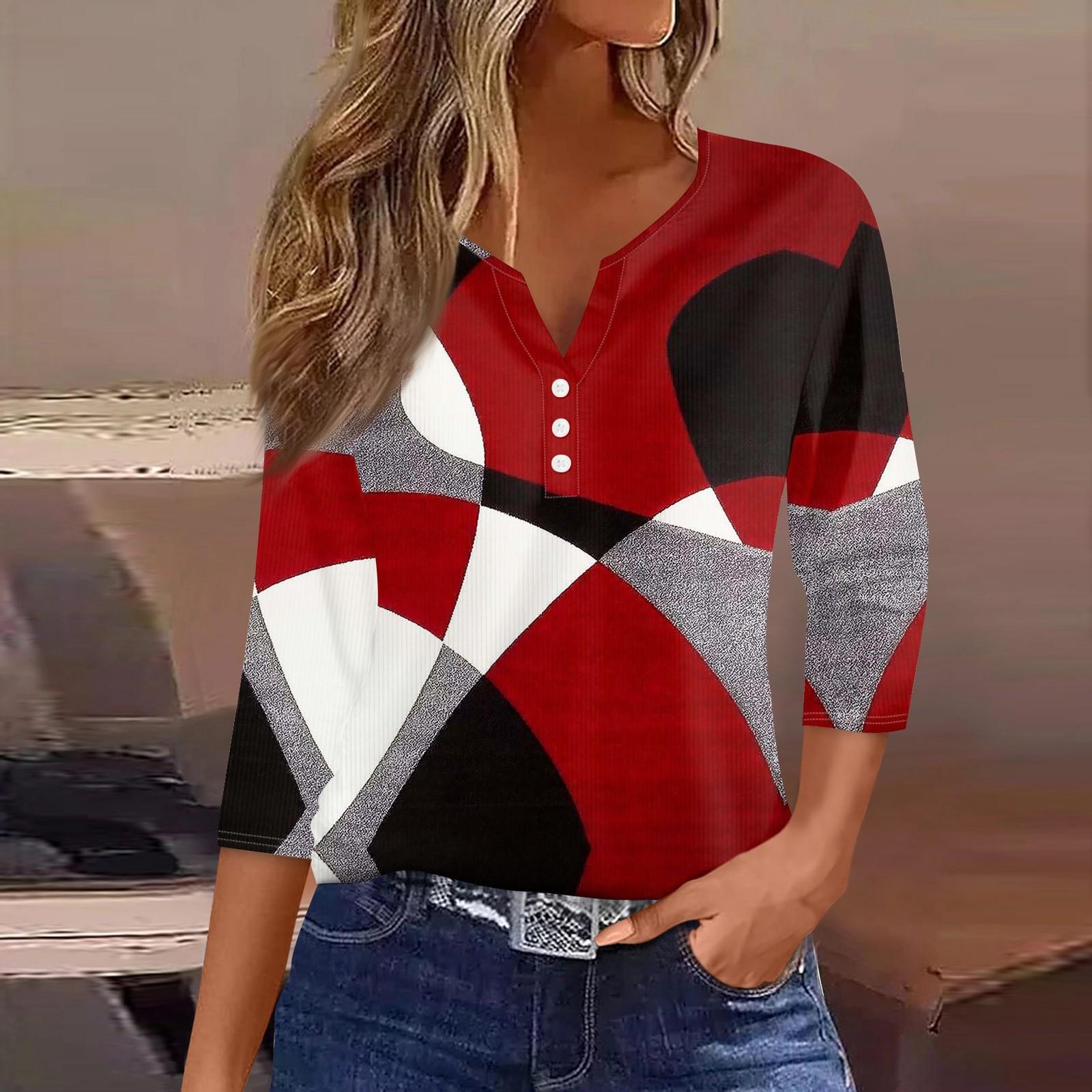 

Женская футболка с принтом на пуговицах, рукав 3/4, туника, повседневная мода на выходные, базовый топ с V-образным вырезом S