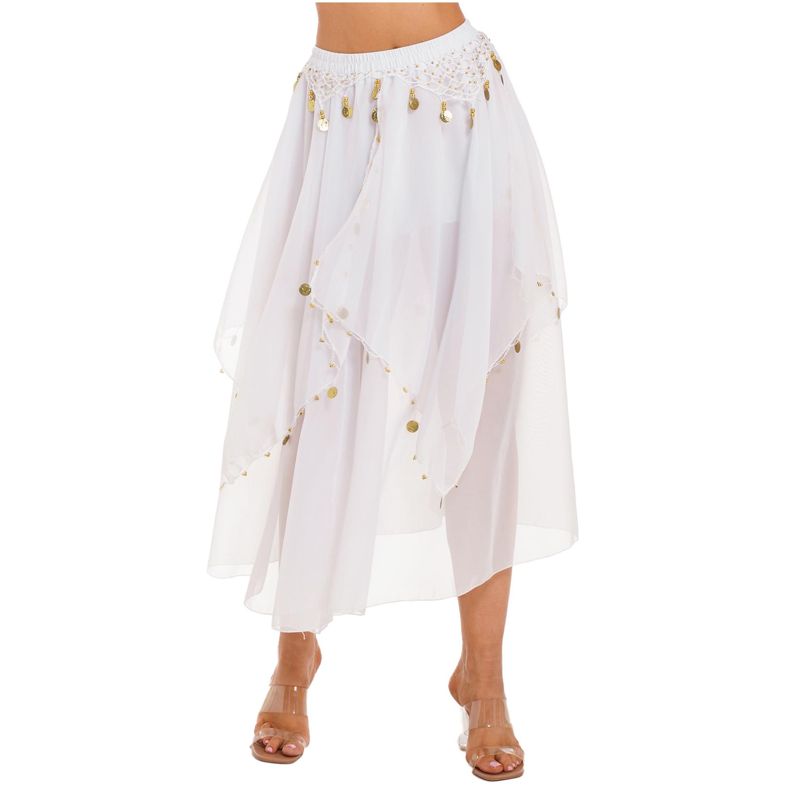 

Жіноча довга шифонова тренувальна спідниця для танцю живота з оздобленням монетами з бісеру One Size білий