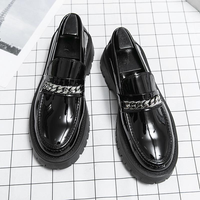 2024 Men's Shiny Patent Leather Loafers with Thick Sole and Height-Boosting Chunky Heel