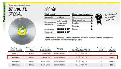 Klingspor Full Diamond Disc 125Mm X 1.4Mm X 22.2Mm Dt900Fl Supra, Gres, Special, Dry, Wet
