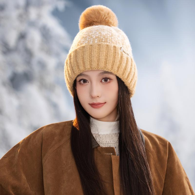 Korean Version of Autumn and Winter Hat for Women with Velvet Rabbit Wool Knitted Hat Wool Ball Cute Wool Hat Ear Protection Warm Pullover Hat