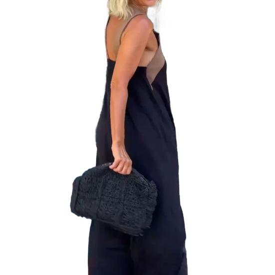 Women Evening Dress Cross Neck Off Shoulder Backless Robe Dress Solid Color Loose