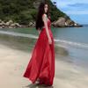 Pure Desire Spice Girl Slanted Shoulders Exposed Waist Atmosphere Vacation Style New Hollow Split Fork Seaside Super Fairy Big Swing Dress
