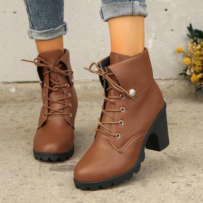New Hot Selling Fashion Women's Shoes Women's Boots Winter Ankle Boots Women's Cuffed Round Toe Lace-up Block Heels