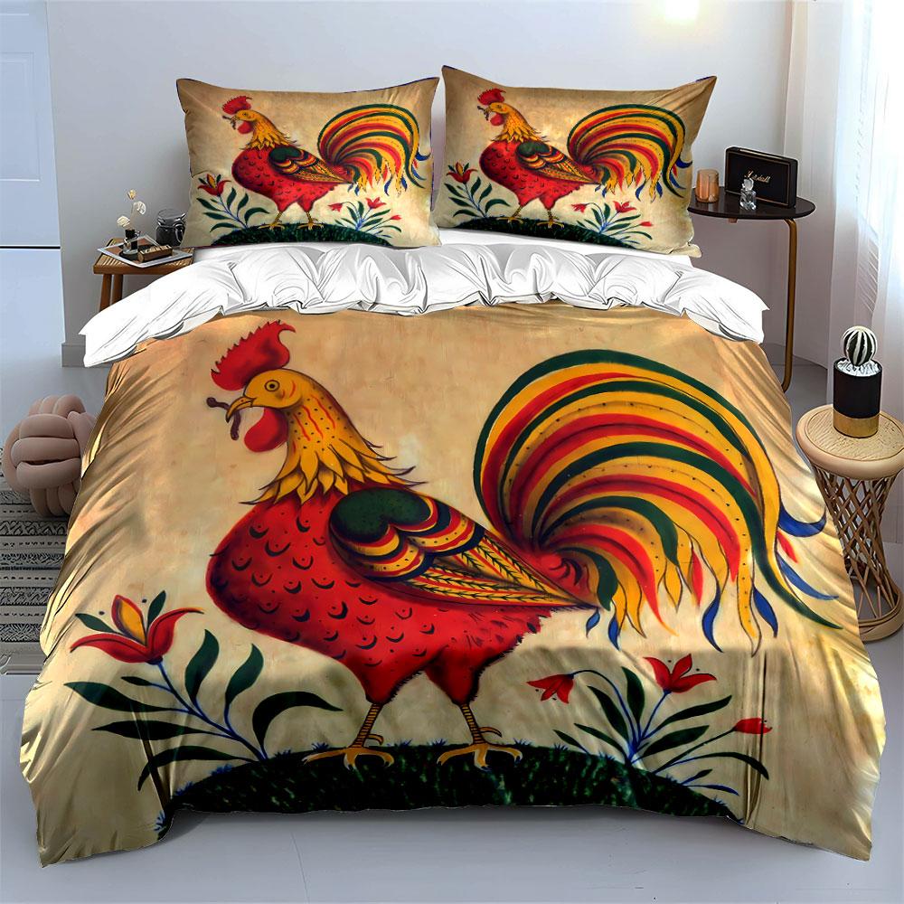 Colorful rooster with flowers. Bedding sets Duvet cover sets Duvet covers Pillowcases(1* Duvet Cover 2* Pillowcases without duvet insert)