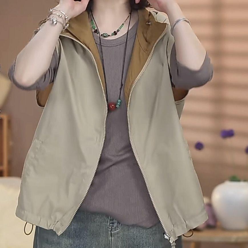 Double Sided Women's Vest Jacket   Spring/Summer Loose Hooded Sleeveless Coat Women Casual Waistcoat Zipper Outwear