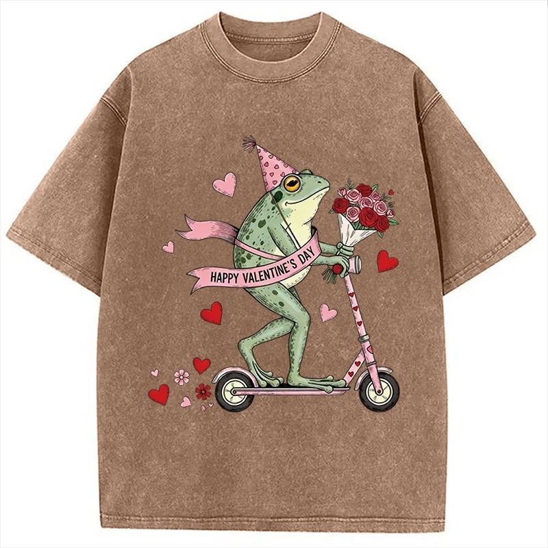 Funny Frog Valentine Washed T-Shirt Men's Short Sleeve Summer Round Neck Tee Oversized Harajuku Chic Couple Tunics Females