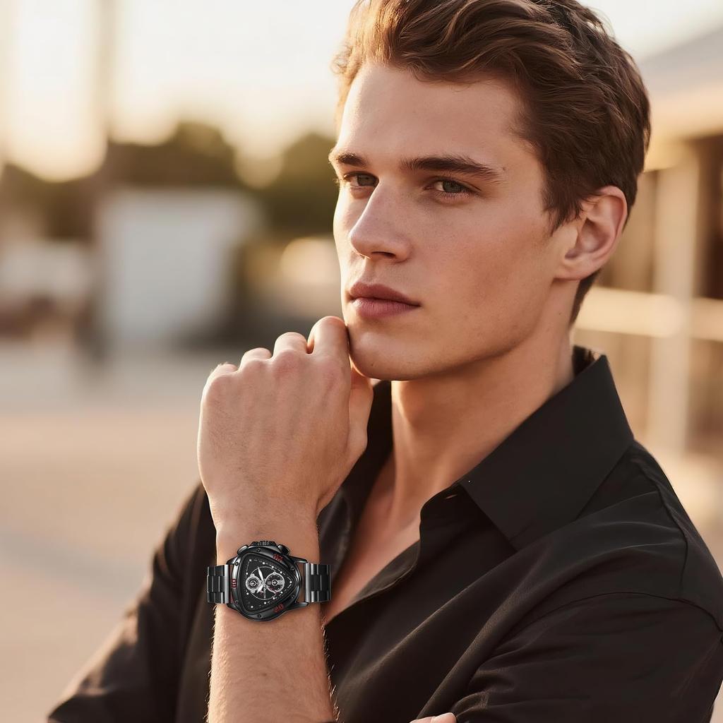 Triangular analog watch for with calendar analog stainless for suitable for and birthdays black three-eye men fashionable, multifunctional, luminous,