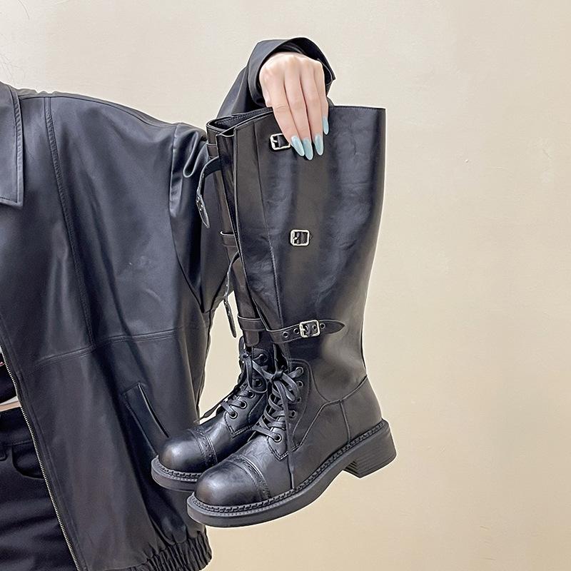 Design sense locomotive belt buckle boots women's 2025 autumn and winter retro European and American thick-soled thick-heeled fashion boots high-heel