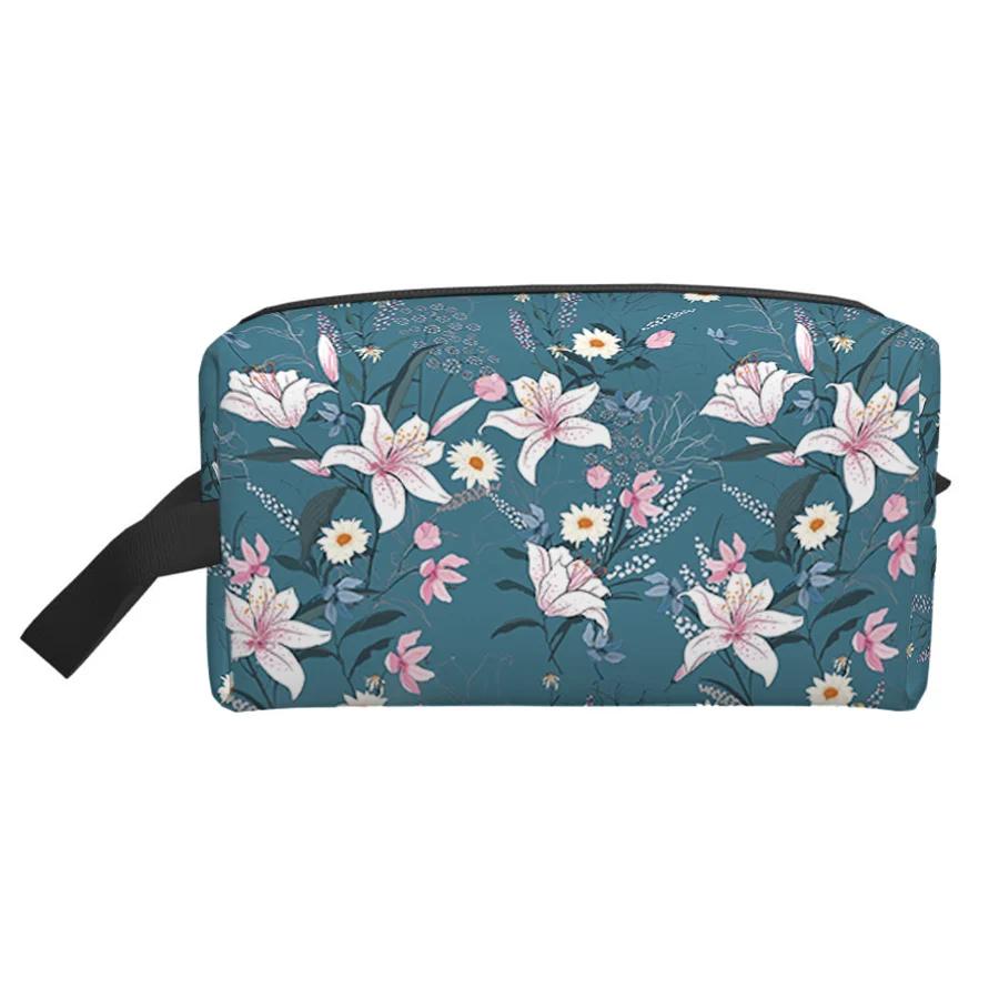 Large Portable Cosmetic Pouch with Zipper Closure Flower Pattern Toiletries Storage and Travel Makeup Bag Makeup Accessory Bag