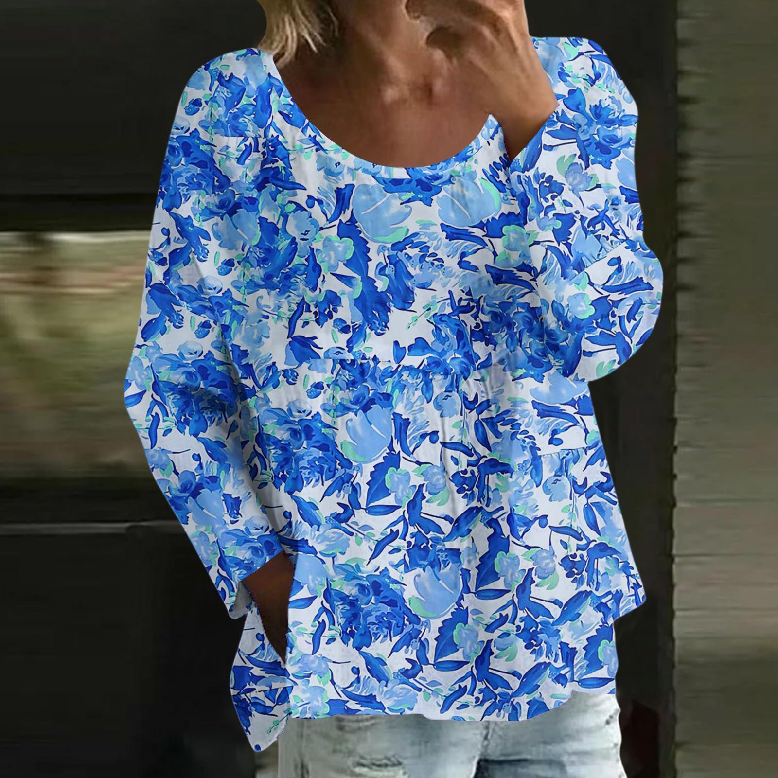 

Женский повседневный модный свободный топ с круглым вырезом и цветочным принтом, с длинным рукавом S синий