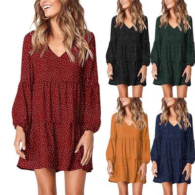 Women Casual Dot V-Neckline  Dress Short Sleeve Ruffle Loose Swing Dress