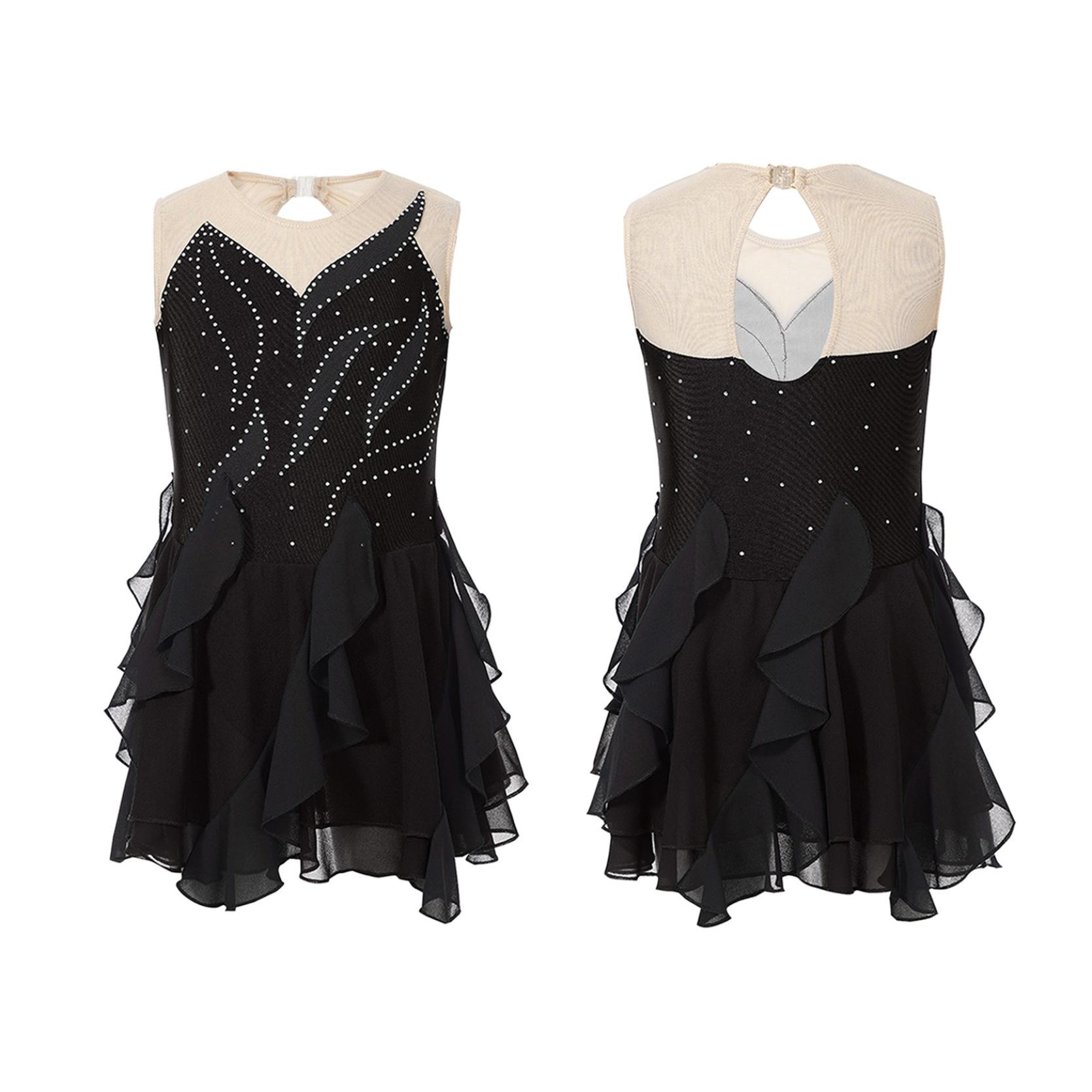 

Детское блестящее танцевальное платье с рюшами для фигурного катания и танцев, цельное лирическое танцевальное платье без рукавов сзади с замочной скважиной 5-6 Years чёрный