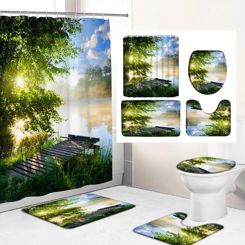 3D Natural Forest Landscape Printed Waterproof Fabric Bathroom Curtain Shower Curtains Set Anti-Skid Rugs Toilet Cover Bath Mat