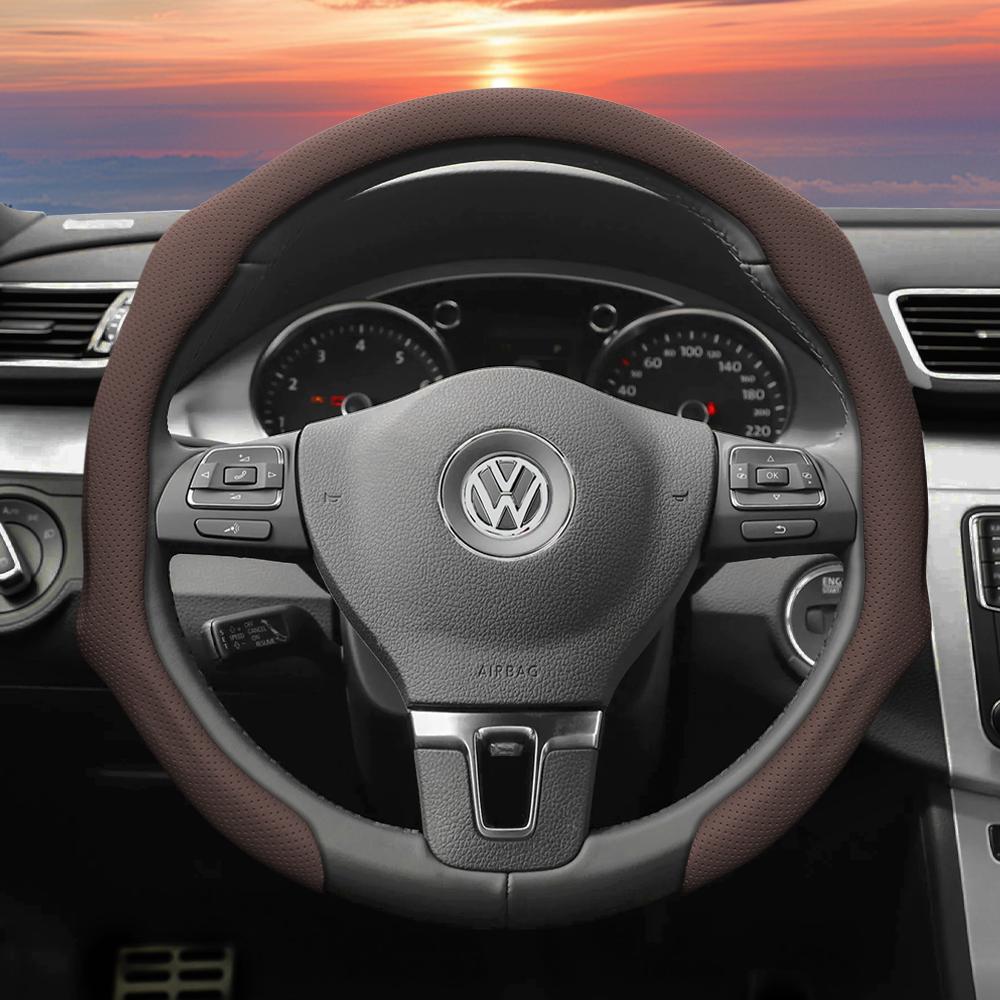 Suitable for Volkswagen Perforated Leather Steering Wheel Cover, Non-Slip Breathable Integrated Protective Case Golf Passat Polo Jetta