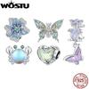 WOSTU 925 Sterling Silver Colorful Butterfly Pendant Flower Silicone Beads Rainbow Crab Charm Fit Original Bracelet Necklace DIY
