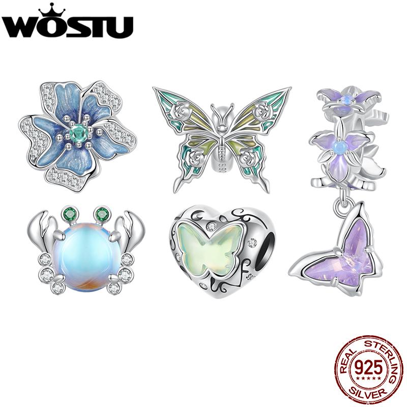 WOSTU 925 Sterling Silver Colorful Butterfly Pendant Flower Silicone Beads Rainbow Crab Charm Fit Original Bracelet Necklace DIY