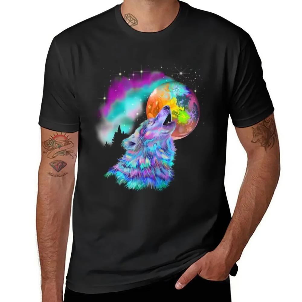 Colorful Rainbow Wolf Howling T-Shirt Boys Animal Print Blouse Quick-drying Anime Fitted T Shirts for Men