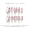 HANDMADE Press On Artificial Nail Medium Coffin Shape Pink Transparent Gradient Jade Butterfly Floating Phototherapy Nails Fake Nails with Toolkit