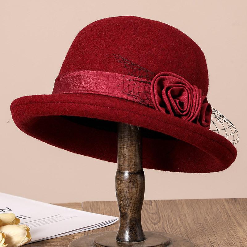 Middle-aged elderly autumn and winter warm woolen basin hat femininity mother flower curling top hat fashion versatile bucket hat