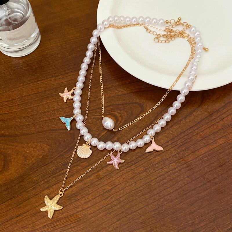 Starfish & Pearl Multi-Layer Necklace: Island Resort Clavicle Chain Jewelry