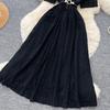 French light mature style black lapel lace dress women's summer short-sleeved straps waist and thin A-shaped long dress
