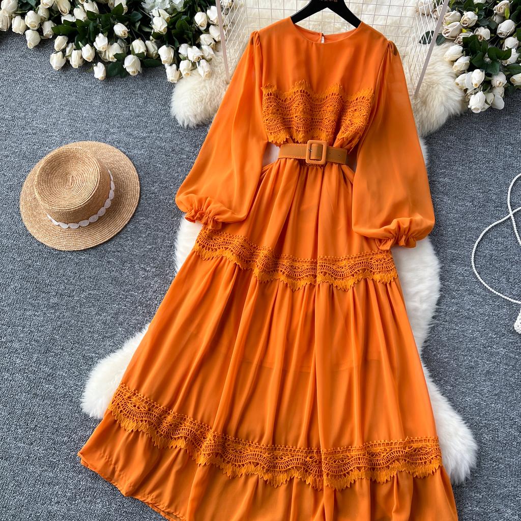 French O Neck Cut Out Lace PATCHWORK Lantern Sleeve Korean Fashion Dress Women's Summer Waist Sweet Dresses