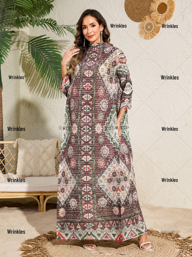 Middle East Plus Size Women's Pleated Print Abaya Dress