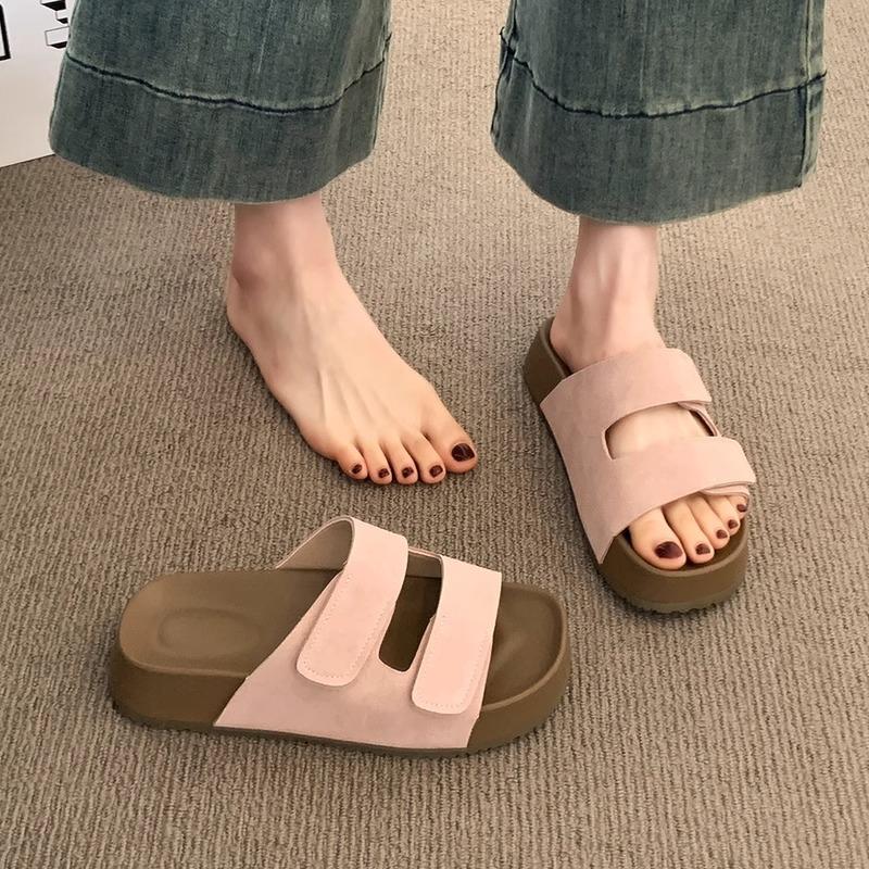 Super fire Velcro thick-soled slippers women's summer wear 2025 new one-word cool slippers small height-increasing sandals
