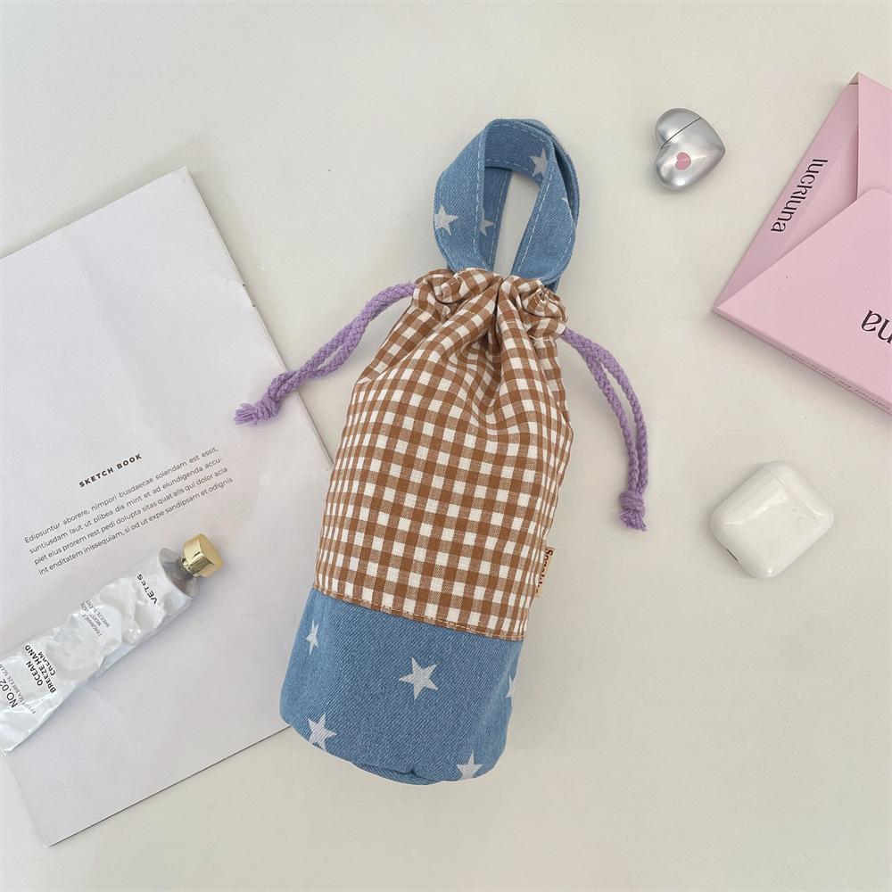 5841 Splicing plaid water cup bag, drawstring, water cup bottle, thermos cup storage bag, anti-scalding tote bag when going out