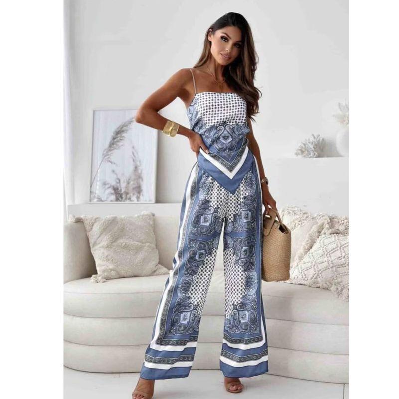 Summer European and American off-Neck Sexy Backless Print Sling Wrap-around Elastic Waist Positioning Flower Trousers Two-piece Suit Women