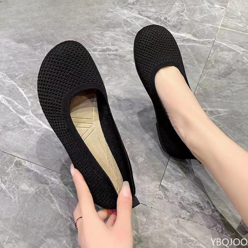 New Knitted Round Head Simple Solid Color Breathable Soft Bottom Outdoor Women's Shoes Suitable for Daily Commuting Leisure